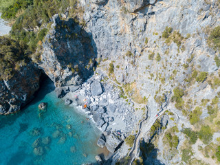 Arco Magno, vista aerea, Arco di roccia e spiaggia, San Nicola Arcella, Provincia di Cosenza, Calabria, Italia. 26/06/2017. Vista aerea dell’arco di roccia e spiaggia, vacanze e mare