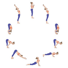 Sun salutation. Surya namaskara A. Yoga sequence.