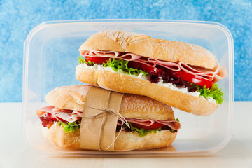 Sandwich with fresh bread, with Italian ham and fresh tomatoes, lettuce in a lunchbox, copy space