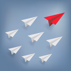  Red airplane as leader and white plane on blue sky. paper art style.