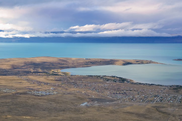 El Calafate top view. Evening sunset nature landscape magic dreamy cloud on the sky in Patagonia