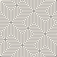 Vector Seamless Black And White Lines Pattern Abstract Background. Cross Shapes Geometric Tiling Ornament.