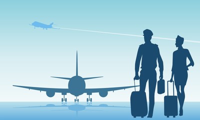 Captain pilot and hostess are walking on the plane. © tatoman