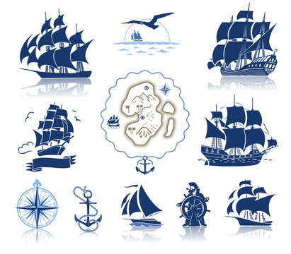 Sailing ships  silhouettes and marine symbols iconset