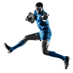 one caucasian rugby man player silhouette isolated on white background