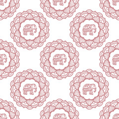 Seamless pattern with elephants and mandala flowers. Background for textile, baby shower, greeting card, yoga poster, wrapping. Floral ornament.