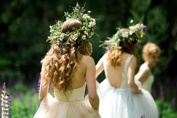 Wedding. The bride in a white dress standing and embracing bridesmaids