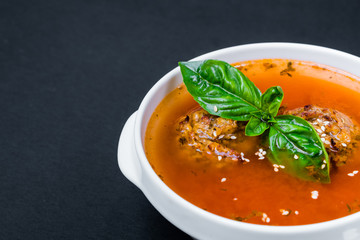 Vegetarian borscht basil Close up Black background