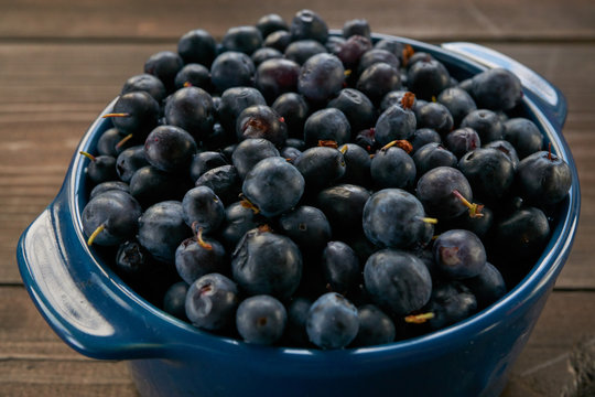 closeup of ceramic bowl with blueberries