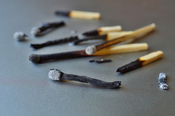 Heap of burnt matches and ash on the silver background as a symbol of exhaustion, depletion and...