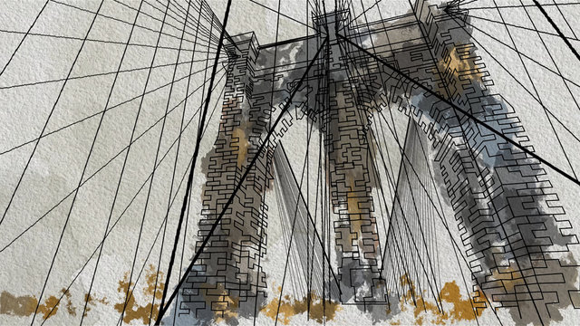 Watercolor style illustration of the Brooklyn Bridge in New York. Down view. © Laura