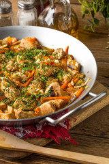 Fried chicken pieces with vegetables.