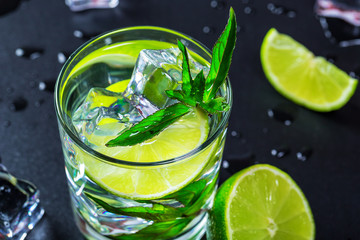 Mojito cocktail with lime, ice cubes and mint in highball glass on a black background Copy space