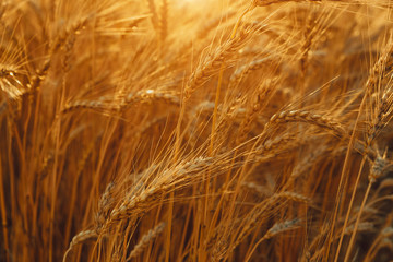Gold Wheat Field. Beautiful Nature Sunset Landscape. Background of ripening ears of meadow wheat field.