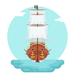 Front View Wooden pirate buccaneer filibuster corsair sea dog ship game icon isolated flat design vector illustration