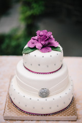 Weding cake with purple peony on top with silver dots
