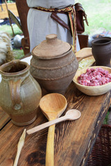 Clay pots and wooden bowls