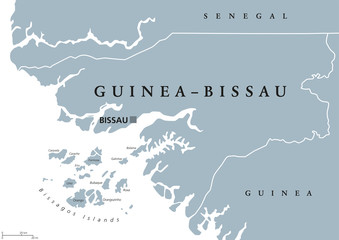 Guinea-Bissau political map with capital Bissau, international borders and neighbors. Republic and country in West Africa. Gray illustration isolated on white background. English labeling. Vector.