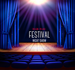 A theater stage with a blue curtain and a spotlight. Festival night show poster. Vector.