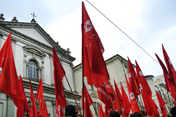 Turin, Italy - 1 May 2010: demonstration for Labor Day red flags and banners
