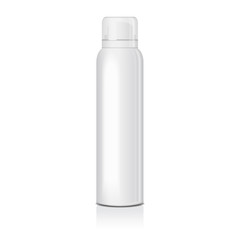 Blank deodorant spray for women or men. Vector mock up template of white metal bottle with transparent cap