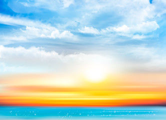 Obraz premium Zmierzchu nieba tło z przejrzystymi chmurami i morzem. Ilustracji wektorowych
