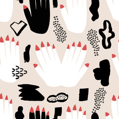 Hand drawn seamless modern pattern.Red nails. White hands.Ivory background. - 164309476