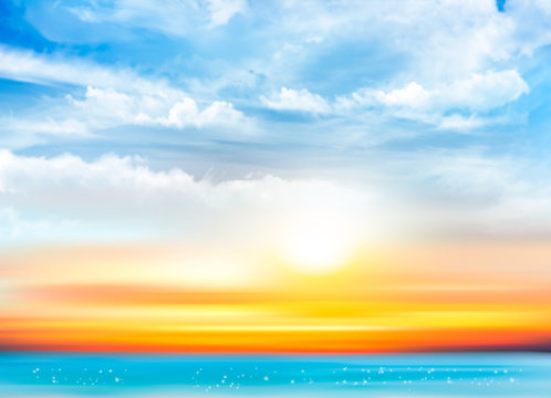 Sunset sky background with transparent clouds and sea. Vector illustration
