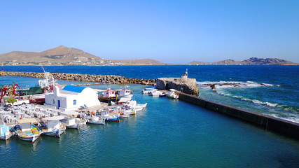 Aerial drone photo of Naousa one of the most picturesque fishing villages and ports in the Aegean, Paros island, Cyclades, Greece