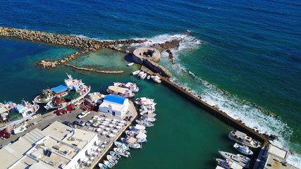 Aerial drone photo of Naousa one of the most picturesque fishing villages and ports in the Aegean, Paros island, Cyclades, Greece