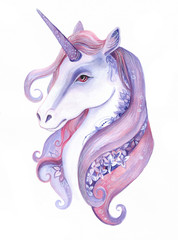 Hand drawn watercolor unicorn with tiny flowers