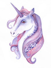 Hand drawn watercolor unicorn with tiny flowers © yuliarey