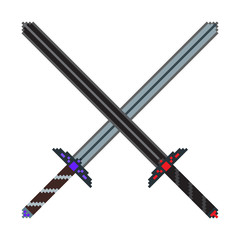  Pixel composition of two crossed big swords. Can be used as an illustration to achieve the game or as a symbol of battle