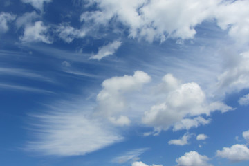 Blue sky with cumulus and cirrus fkuffy clouds