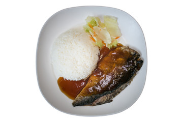 Grilled saba fish with sweet sauce and rice on white background