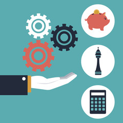 color background with executive hand holding mechanism gears with icons investment