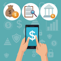 color background analytics investment icons and hand holding a smartphone