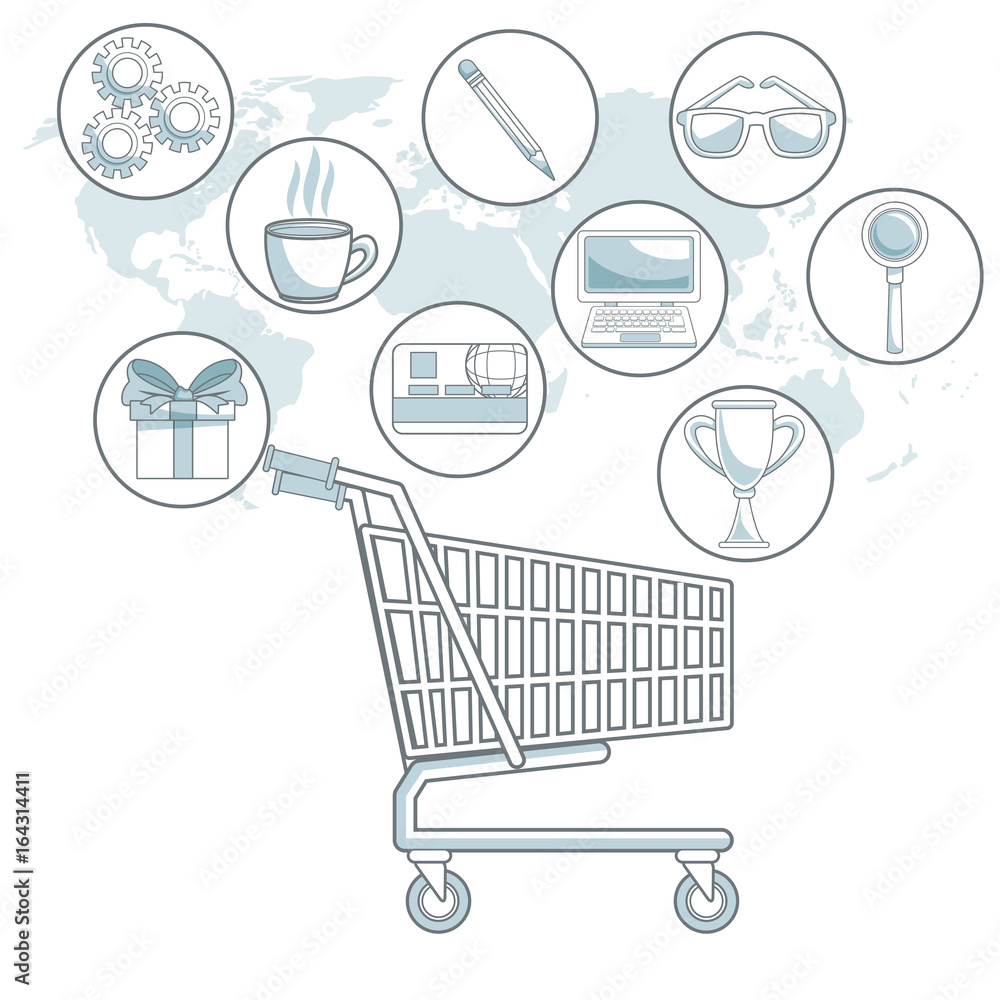 Poster white background map world with color sections of shopping cart with bubbles icons digital marketing