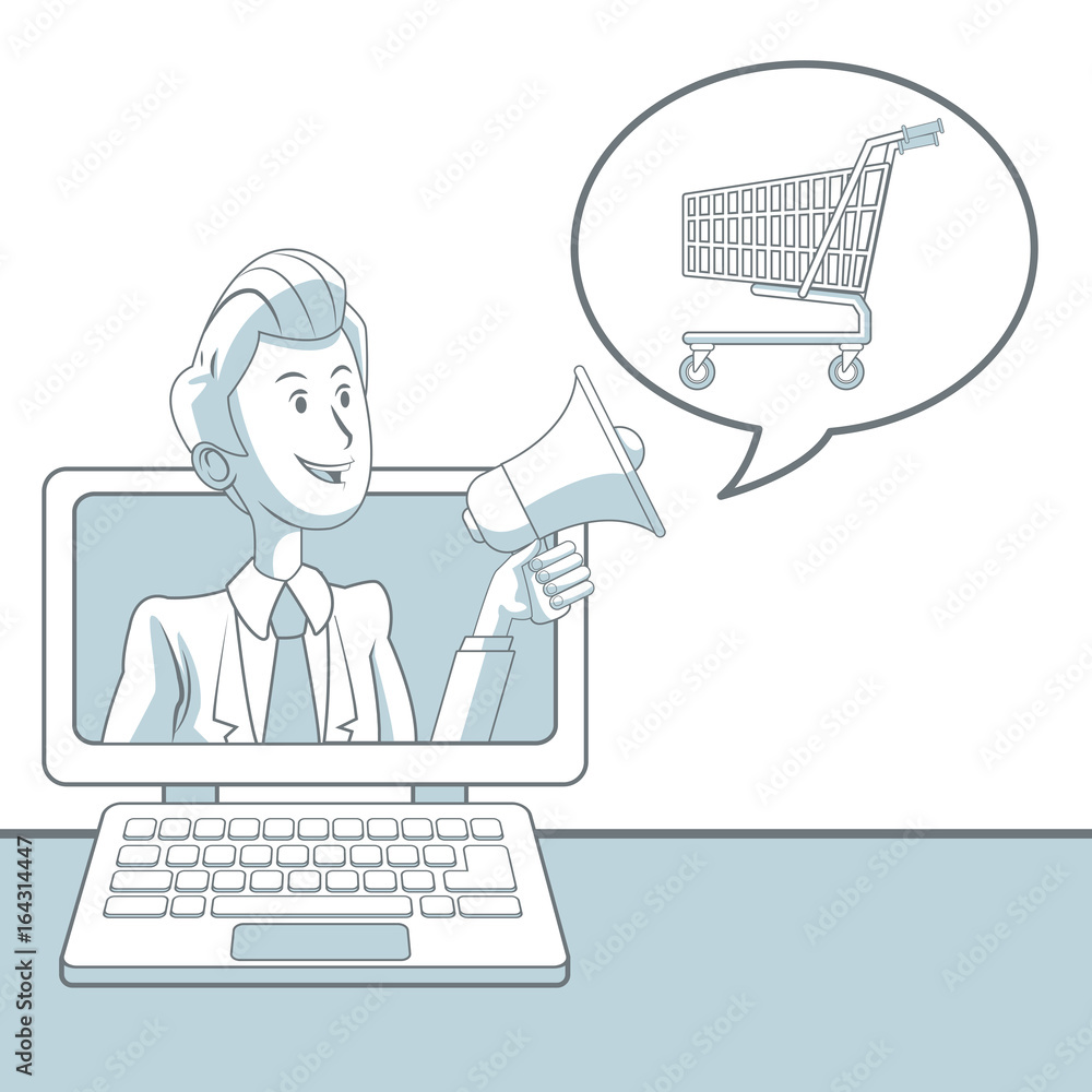 Poster white background with color sections of businessman inside of display computer and icon shopping cart