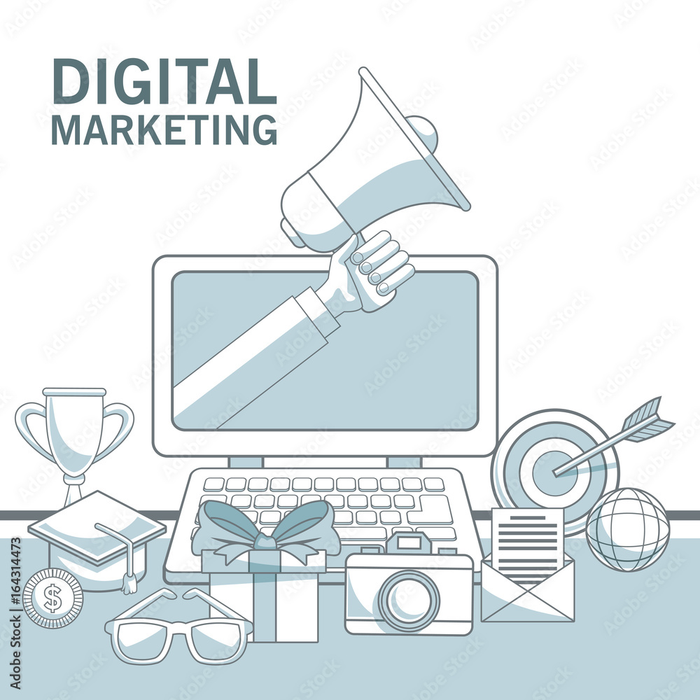 Poster white background with color sections of laptop device with hand holding a megaphone and elements dig