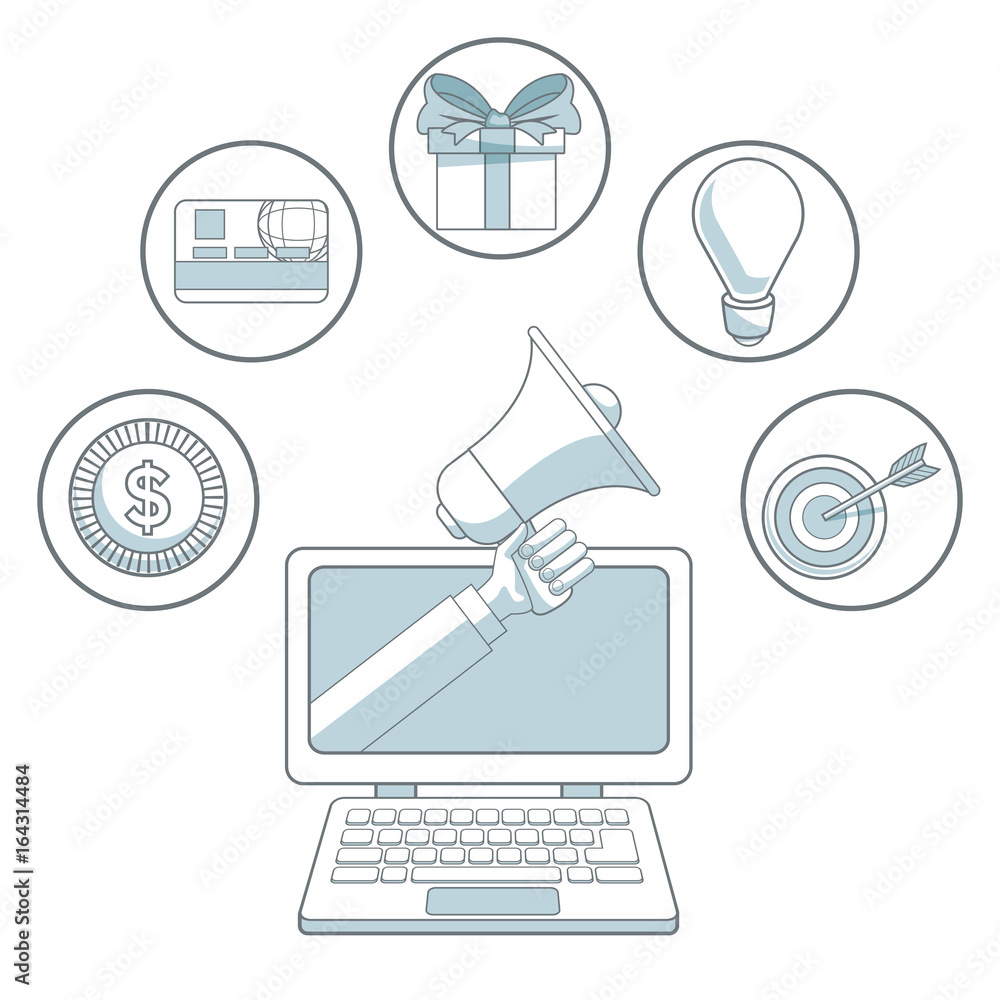 Poster white background with color sections of laptop device with hand holding a megaphone and circular fra