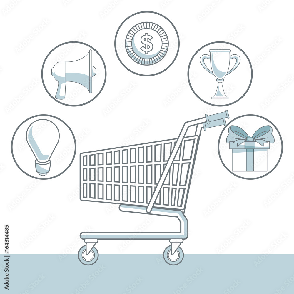 Poster white background with color sections of shopping cart and icons element marketing