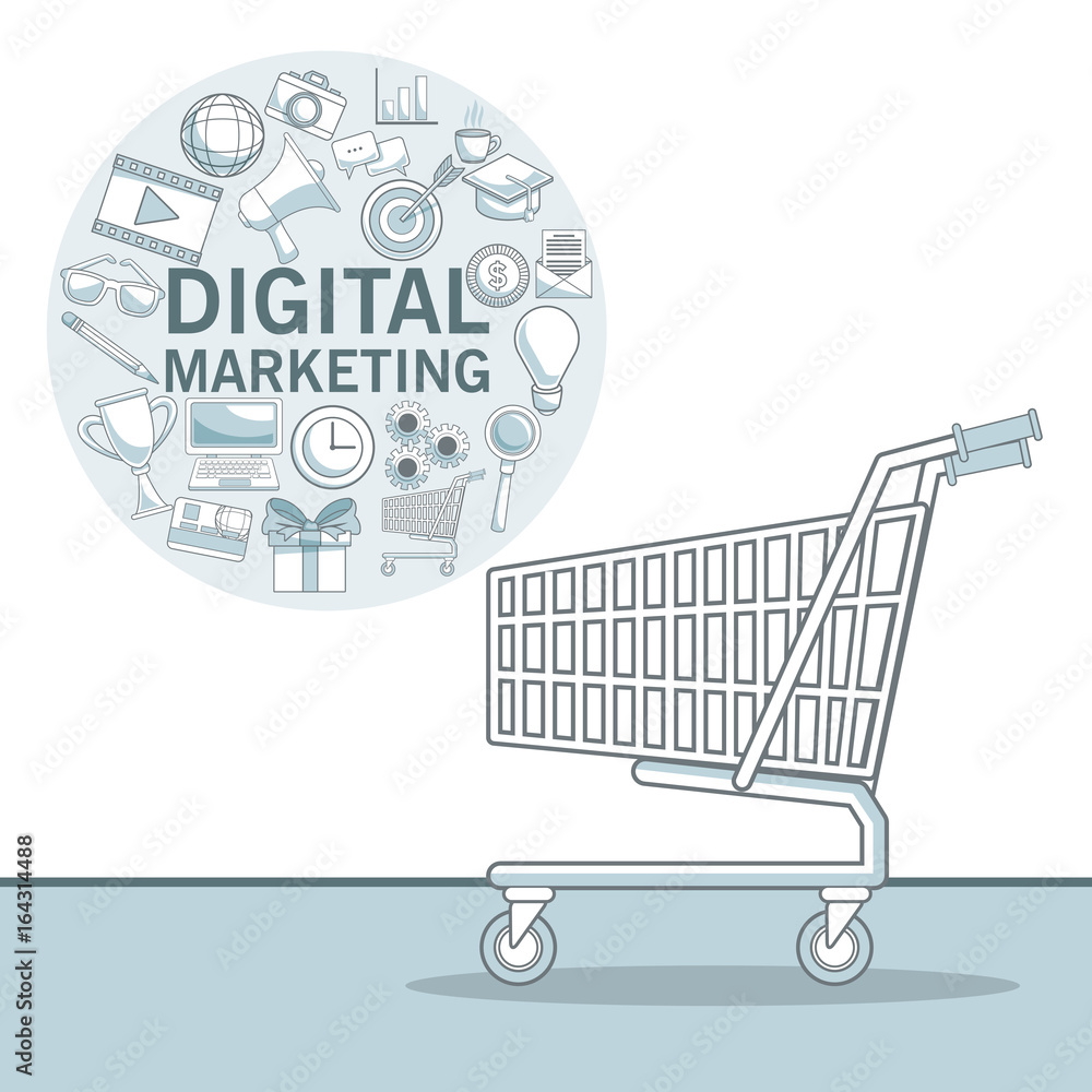 Poster white background with color sections of circular frame with icons digital marketing and shopping car