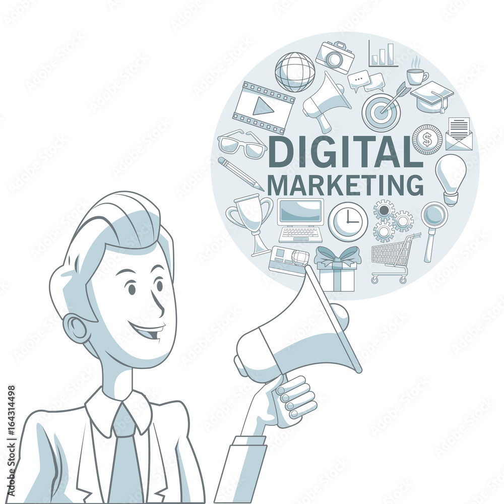 Poster white background with color sections of executive man and circular frame with icons digital marketin