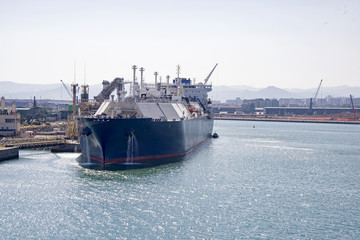 Barcelona harbor with cargo ship