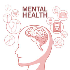 white background with red color sections of silhouette profile human head mental health with elements of healthcare