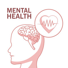 white background with red color sections of silhouette profile human head mental health with circular frame heartbeat
