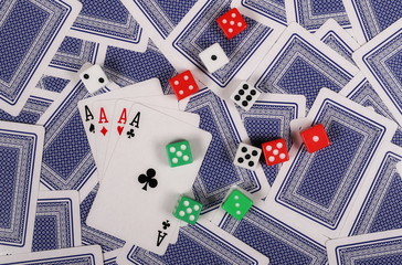 Gambling dice and cards background and texture