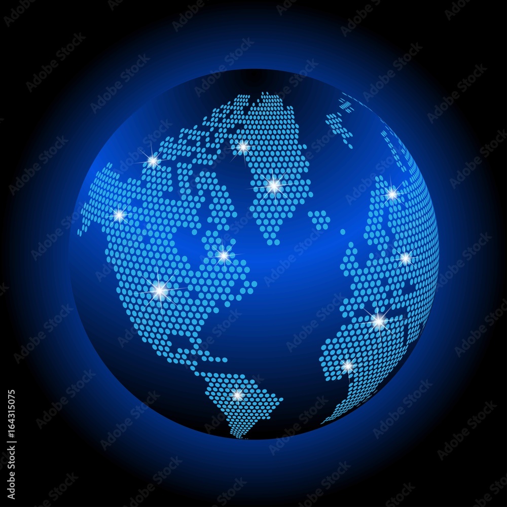 Poster World map with dotted style and glowing points star. Gradients used. Abstract blue global technology background.
