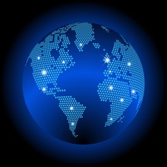 World map with dotted style and glowing points star. Gradients used. Abstract blue global technology background.